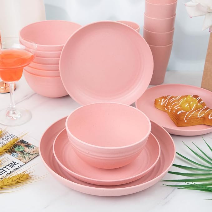 32Pcs Pink Plates and Bowls Sets