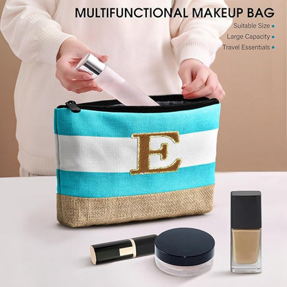 Becokan Beach Bag Initial Beach Tote with Makeup Bag for Travel Work Storage Personalized Birthday Gifts for Women Her