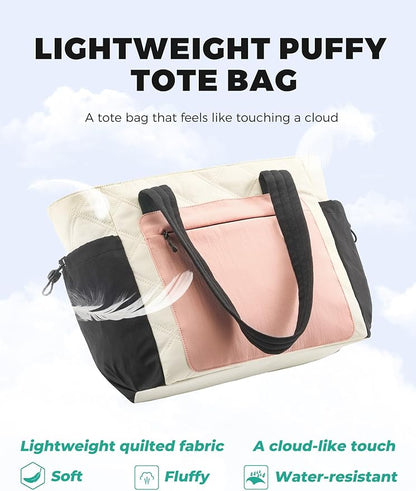 Tote Bag for Women, Lightweight Puffer bag with Zipper & Compartments, Quilted Shoulder Bag for Work, Travel,Gym