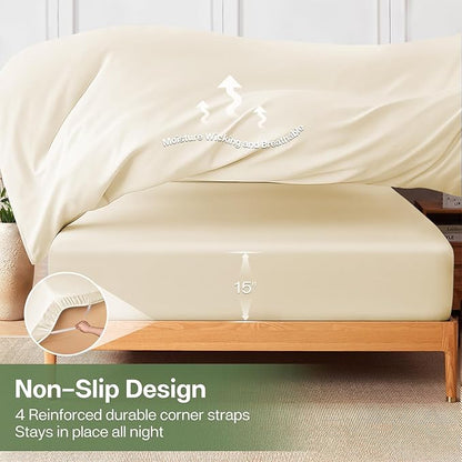 MR&HM Queen Fitted Sheet Only, Ultra-Soft Rayon Derived from Bamboo & Polyester Blend, Silky & Breathable, 15" Deep Pocket with Elastic Straps, Cooling Fitted Sheet for Hot Sleepers, Cream