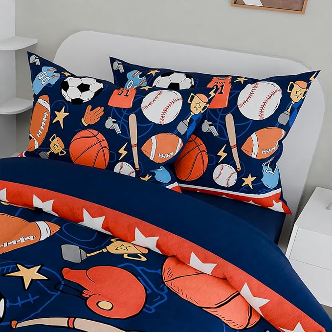 SANDJEST Sports Bedding Sets for Boys, Ultra Soft Microfiber Comforter Bed Set with 3-Pieces, Comforters Sets for Kids Children Boy Bedroom Decor