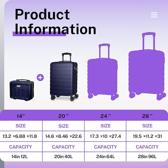 AnyZip Suitcase, 20" Carry On Luggage 14" Mini Cosmetic Cases Luggage Sets Hardside PC ABS Lightweight USB Suitcase with Wheels TSA for kids (2-Piece Set (14/20),DarkBlue)
