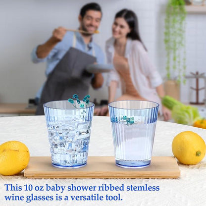 48 PCS Plastic Ribbed Drinking Glasses 10oz Blue Vintage Ripple Stemless Wine