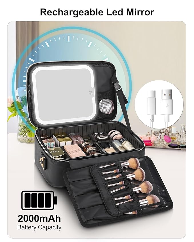Relavel Makeup Train Case With LED Mirror, Professional Travel Cosmetic Bag with Removable Partitions,Compact Makeup Organizer, Waterproof Toiletry Case for Women, Black