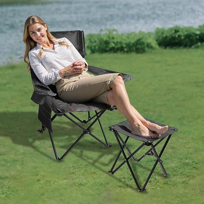 FAIR WIND Oversized Padded Camping Chair with Footrest Stool Set Heavy Duty Support 300 LBS Cooler Bag Chair - Black
