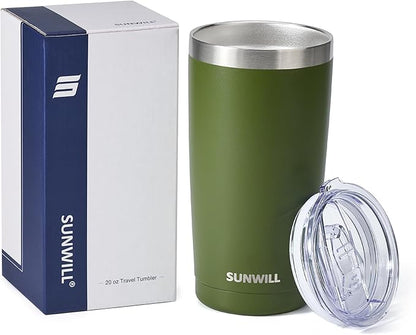 SUNWILL Travel Coffee Tumbler 20 oz, Insulated Mug with Lid, Stainless Steel Cup for Outdoor, Powder Coated Olive