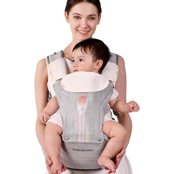 Bebamour Baby Carrier Newborn to Toddler with Hip Seat Baby Carrier Front and Back Carry Carrier with Head Hood, 3 PCS Teething Pads,Storage Bag (Gray-Knit)