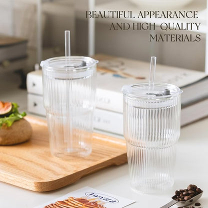 KEMORELA 16oz Ribbed Double Wall Glass Cups