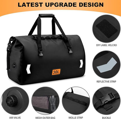 Waterproof Duffel Bag, 30L Roll-top Motorcycle Dry Bag with Air Valve & Quick-fixed Straps, Travel Duffle Bags for Kayaking Paddle Boarding Rafting Boating Camping Riding Fishing - Black
