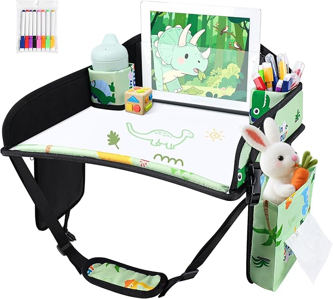 Kids Travel Tray, Kids Travel Trays for Car Seat, Road Trip Essentials for Toddler, Carseat Lap Tray with Dry Erase Board & Storage Organizer for Road Trip Activities for Kid, Green