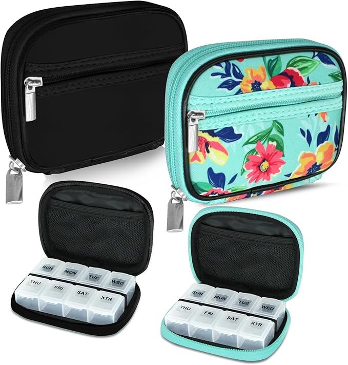 Serfeymi Weekly Travel Pill Organizer Pill Case for Purse with Removable 7 Day Pill Box, Fashionable Travel Medicine Organizer Pill Container for Medicine, Vitamin, Supplement - Black 01 + Green 01