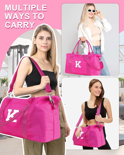Overnight Bag for Kids Teen Girls Weekender Dance Bag Birthday Graduation Gifts,Initial Travel Duffel Bag Sports Gym Bag Personalized Weekender Bag Carry On Bags Preppy Gifts for Women(Hot Pink, K)