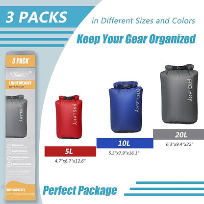 Frelaxy Dry Bag 3-Pack/5-Pack, Ultralight Dry Sack, Outdoor Bags Keep Gear Dry for Hiking, Backpacking, Kayaking, Camping, Swimming, Boating