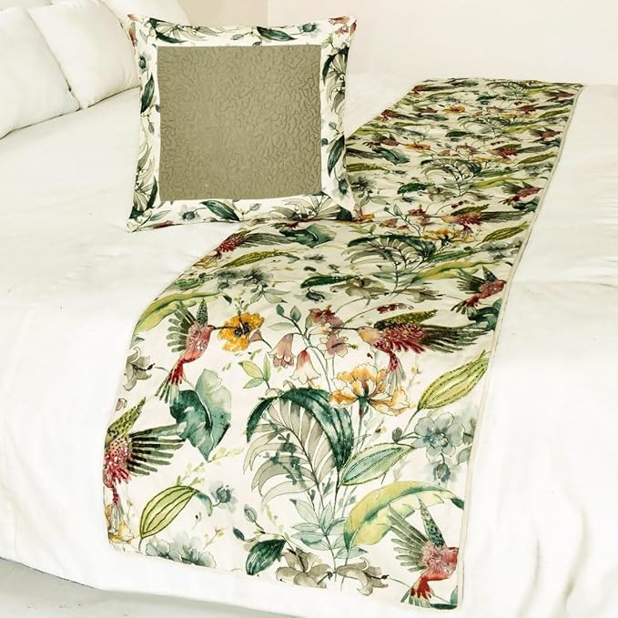 The HomeCentric King Queen Twin Ivory & Multi Designer Queen 74"x18" Bed Runner with 2 Pillow Cover, Bird, Sequins & Beaded Bed Scarf on Cotton Fabric - Exotic Birds