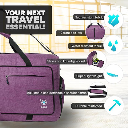 Bago Big XXL Foldable Duffel Bags for Traveling Women & Men - 140L Packable Duffle Bag for Travel with Shoe Compartment - Water Repellant, Heavy Duty, Lightweight Folding & Collapsible (SnowDepPurple)