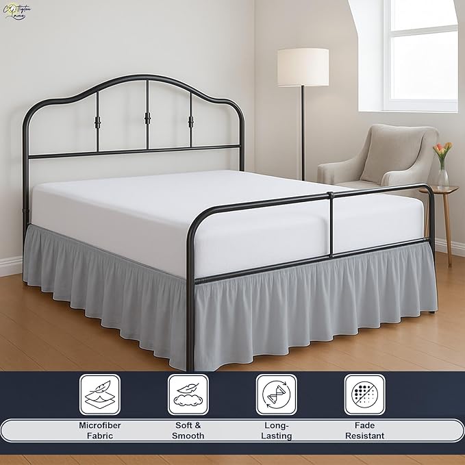 Cottington Lane Ruffled Bed Skirt Twin Size with Split Corner, Brushed Microfiber Hotel Quality Silver Grey Dust Ruffle, 14 Inch Drop Gathered Bedskirt, Soft and Stylish, Shrinkage and Fade Resistant