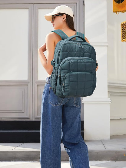 CLUCI 17.3 Inch Laptop Backpack for Women, Anti Theft Travel Backpack, Puffer Quilted Work Backpack, Water Resistant College Bookbag, Carry on backpack with RFID(Green)
