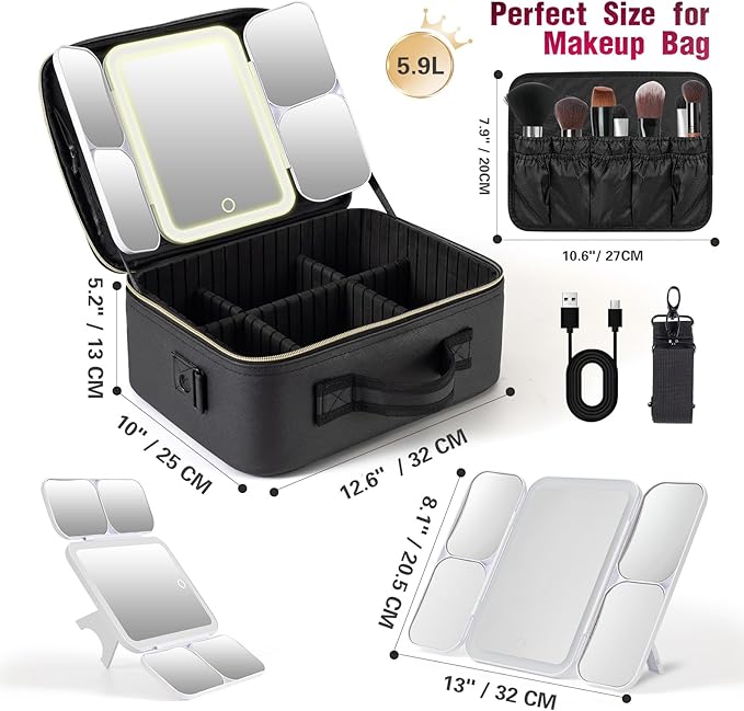 Mid-Size Makeup Bag with LED 1X5X10X20X30X Magnifying Mirror and Travel Makeup Train Case Cosmetic Organiser with Mirror and Separate Makeup Brush Panel, Portable Adjustable Divider, Black