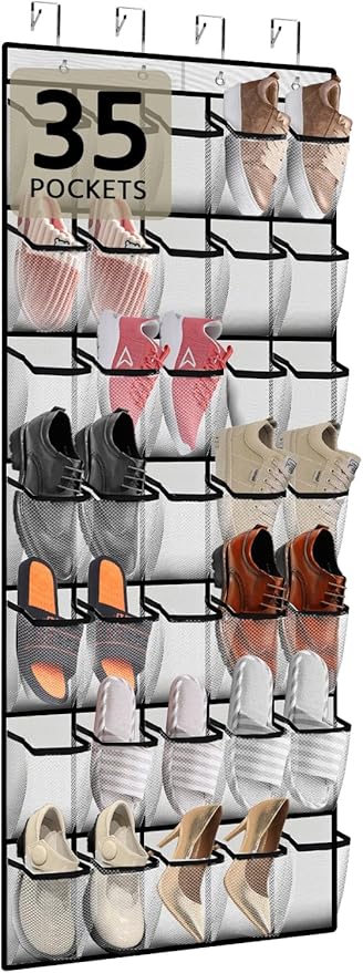 35 Pocket Over the Door Shoe Organizer,Reusable Breathable Large Mesh Bag Men's & Women's Sneaker Organizer,Shoe Organizer for Kids,Hanging Shoe Storage Hanging Bag (White)