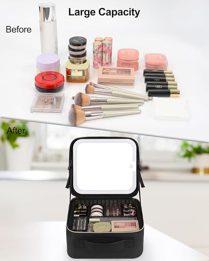 Chomeiu Makeup Bag with LED Mirror, Travel Makeup Case for Women and Makeup Artists Cosmetic Organizer Large Make Up Bags with Light Up Mirror, 3 Color Lights, Adjustable Dividers and Brush Holder
