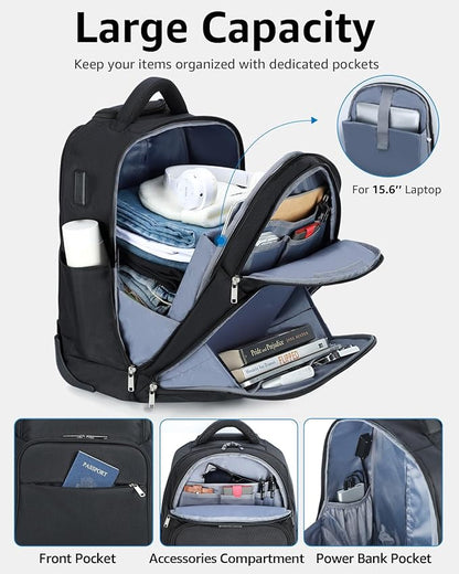 Rolling Backpack, 30L Travel Laptop Backpack with Wheels, 15.6 Inch Roller Carry on Luggage with USB Charging Port, Flight Approved Personal Item Wheeled Suitcase for Men Women Adults, Black
