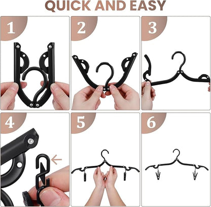 10 Pack Foldable Travel Hangers with 12 Clips - Portable Collapsible Clothes Hangers, Lightweight Folding Coat Hanger & Travel Drying Rack for Clothes