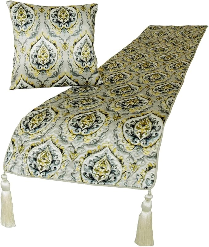 The HomeCentric King/Queen/Twin Grey & Yellow Designer Twin 53"x18" Bed Runner with 2 Pillow Cover, Quilted, Damask & Tassels Bed Scarf on Jacquard Fabric - Flamey Damask