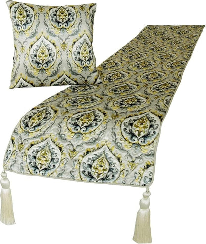 The HomeCentric King/Queen/Twin Grey & Yellow Designer Twin 53"x18" Bed Runner with 2 Pillow Cover, Quilted, Damask & Tassels Bed Scarf on Jacquard Fabric - Flamey Damask