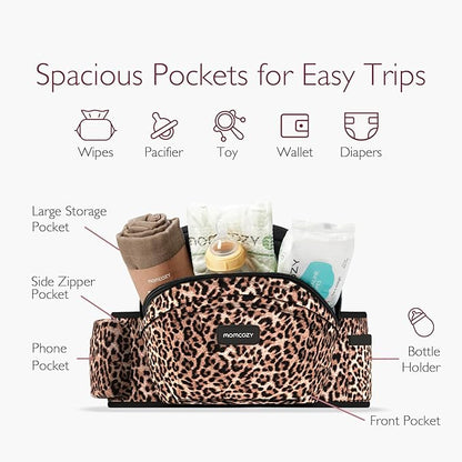 Momcozy Hip Seat Baby Carrier - Adjustable Waistband with Original 3D Belly Protector, Ergonomic Carrier with Various Pockets for Newborns & Toddlers up to 45lbs (Leopard, Medium)