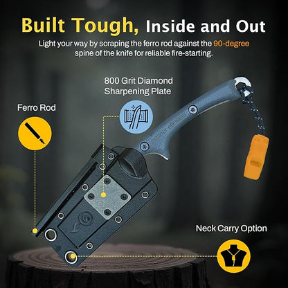 OUTDOOR ELEMENT Flicker Feather Knife - Right-Handed Survival EDC Chisel Blade for Camping, Hunting, Culinary Knives, and Bushcraft - Fixed Blade with Sheath, Firestarter, and Emergency Whistle