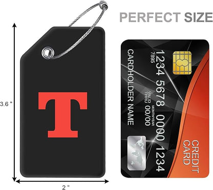 8 Pcs Luggage Tags for Suitcases, 26 Initial Letter Travel Luggage Baggage Identification Labels ID Tags Fully Bendable Tags with Stainless Steel Loop (Letter T, Black)