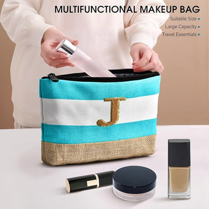 Becokan Beach Bag Initial Beach Tote with Makeup Bag for Travel Work Storage Personalized Birthday Gifts for Women Her