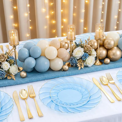 YOUBET 125PCS Clear Blue Gold Plastic Plates