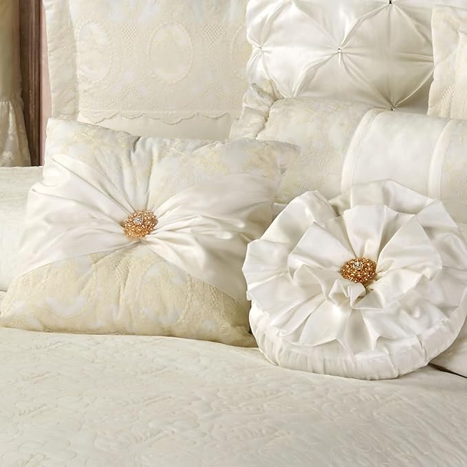 Cameo Lace Luxury Washable Polyester Bedding Set | Vintage Elegant | Pearl | Scroll Leaf Floral Cameo Quilting Embroidered | Set of Five: Queen Bedspread, Two Standard Shams, Square and Round Pillows