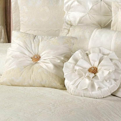Cameo Lace Luxury Washable Polyester Bedding Set | Vintage Elegant | Pearl | Scroll Leaf Floral Cameo Quilting Embroidered | Set of Five: Queen Bedspread, Two Standard Shams, Square and Round Pillows