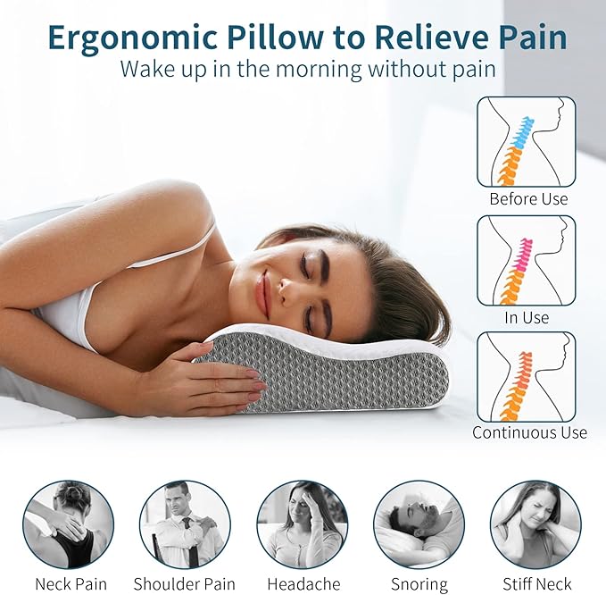 Neck Pillow Memory Foam for Pain Relief Bed Pillow for Sleeping, Ergonomic Orthopedic Cervical for Neck and Shoulder Pain, Side Back Stomach Sleeper