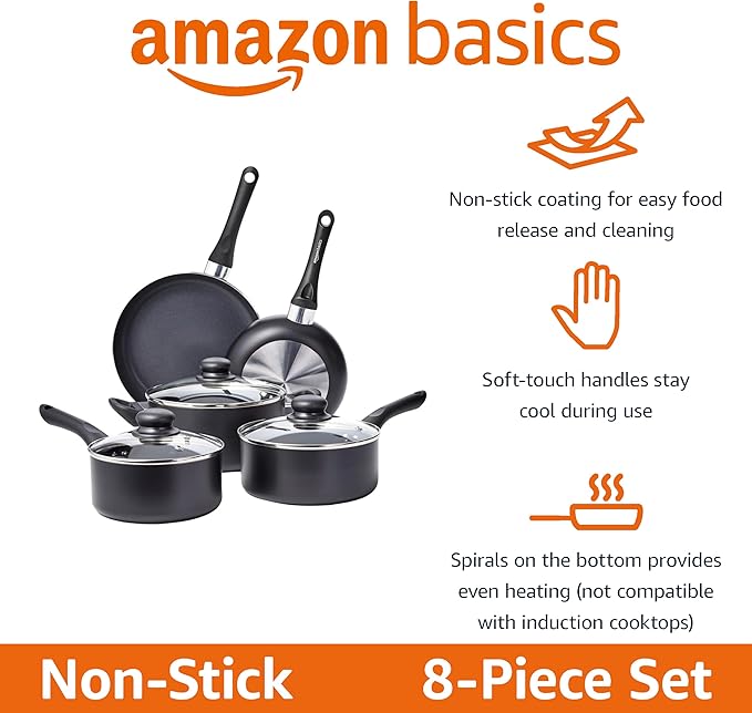 Amazon Basics Non Stick Kitchen Cookware 8-Piece Set, Non-Induction, Includes Pots and Pans, Black