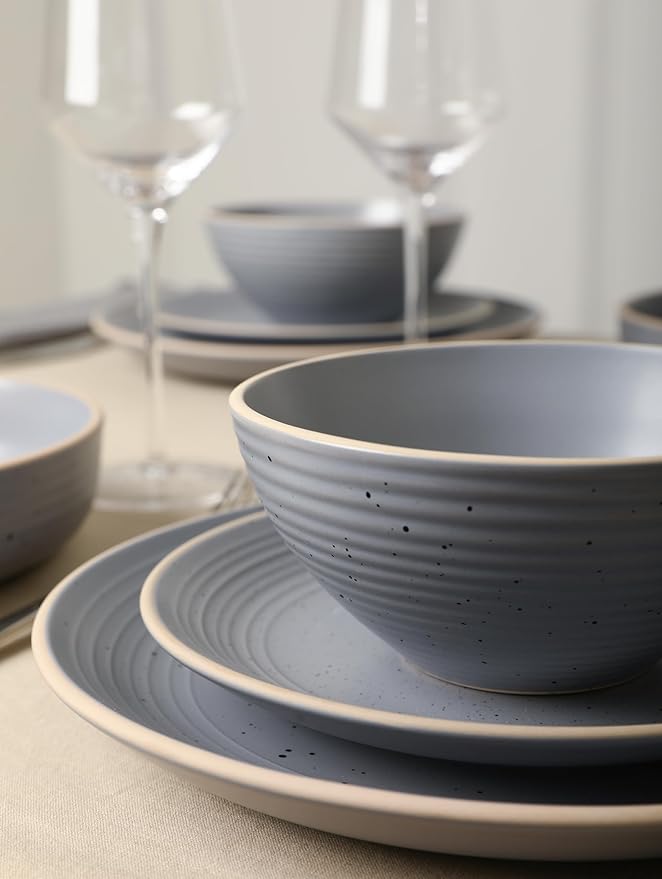 Stone Lain Lauren Modern Stoneware 32-piece Round Dinnerware Set, Plates and Bowls Set, Dish set for 8, Light Gray