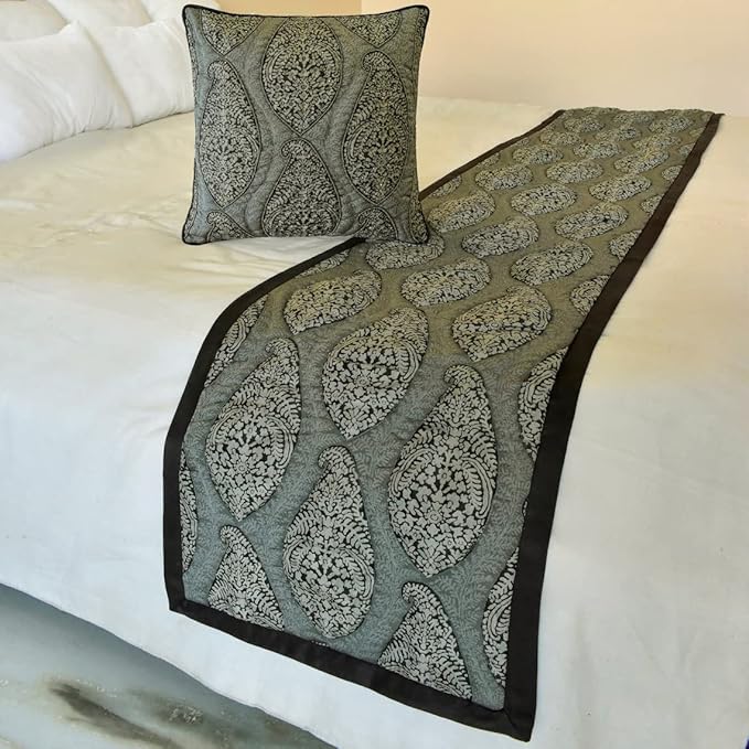The HomeCentric King/Queen/Twin Grey Decorative Full 68"x18" Bed Runner with Pillow Cover, Paisley & Beaded Bed Scarf on Jacquard Fabric - Paisley History
