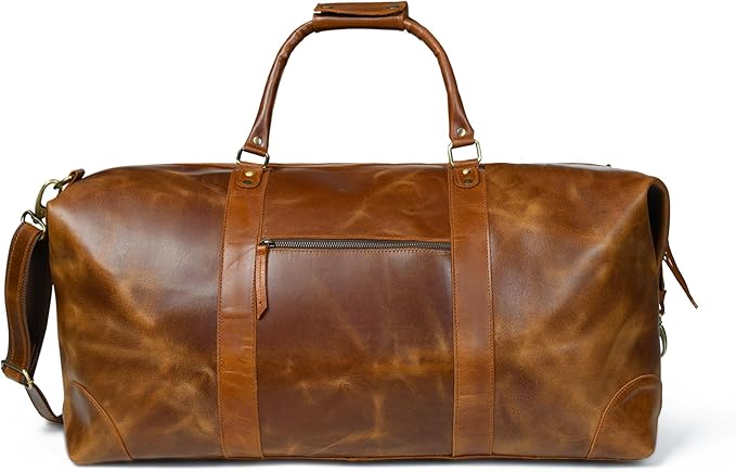 ELIZO Large Leather Duffle Bag For Men Women Big REAL FULL GRAIN Travel Overnight Weekender Carry On Luggage Sports Gym Bags (Tan 24 Inch) Heritage