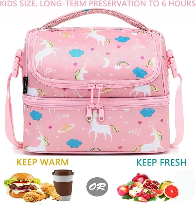 FlowFly Kids Double Decker Cooler Insulated Lunch Bag Large Tote for Boys, Girls, Men, Women, With Adjustable Strap, Unicorn