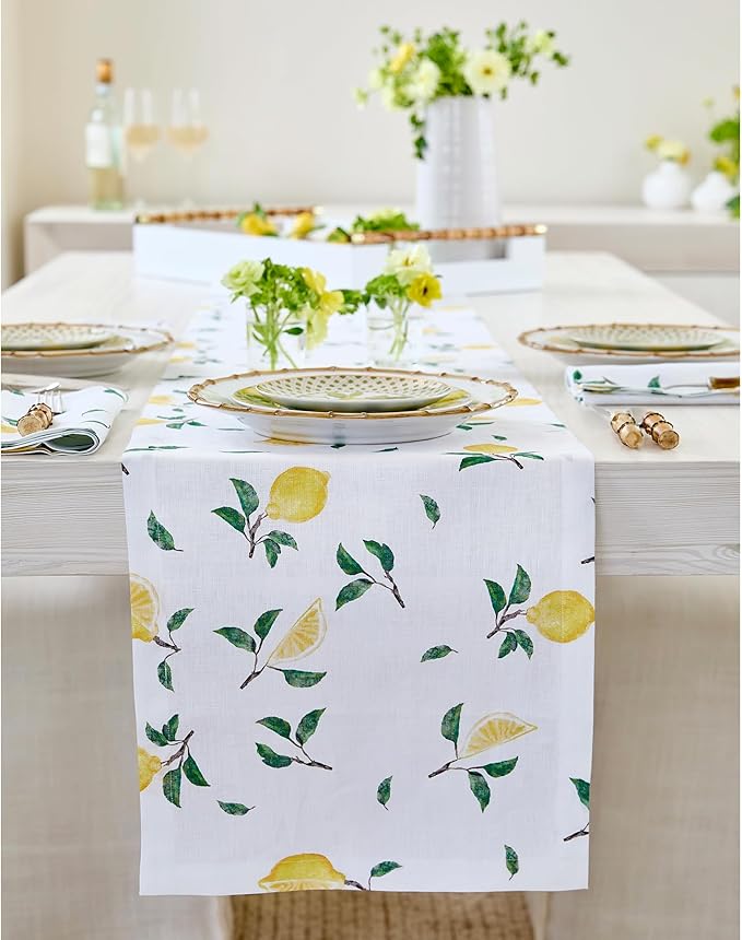 Solino Home Lemon Print Table Runner 120 Inches Long - 100% Pure Linen Table Runner 14 x 120 Inch - Machine Washable - Botanical Lemon/White Print