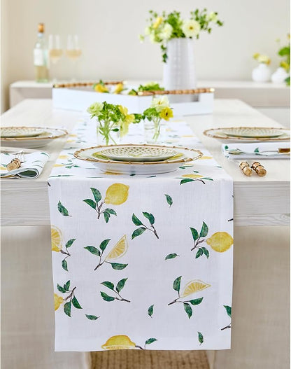 Solino Home Lemon Print Table Runner 120 Inches Long - 100% Pure Linen Table Runner 14 x 120 Inch - Machine Washable - Botanical Lemon/White Print