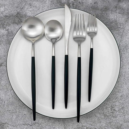 Black Handle Matte Silver Silverware Set