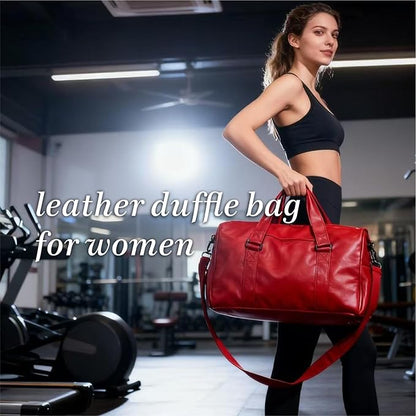 Leather Sports Gym Tote Bag with Shoes Compartment & Wet Pocket, Travel Duffel for Men & Women, Shoulder Weekender Overnight Bag for Yoga, Pilates, Swimming