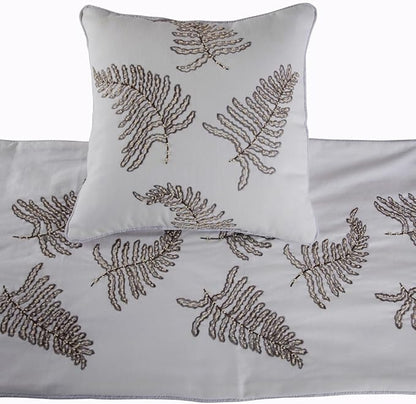The HomeCentric White Bed Runner Without Pillow Cover, Twin Size 53"x18" Decorative Bed Runner, White Linen Bed Scarf in Fern Embroidery & Pearl - Fern Blossom