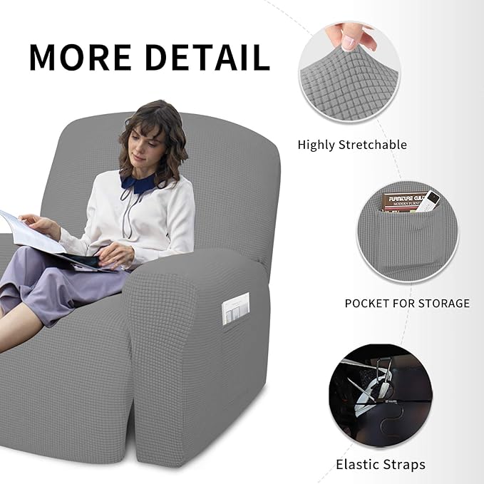 Easy-Going 4 Pieces Oversized Recliner Stretch Sofa Slipcover Sofa Cover Furniture Protector Couch Soft with Elastic Bottom,Polyester Spandex Jacquard Fabric Small Checks Light Gray