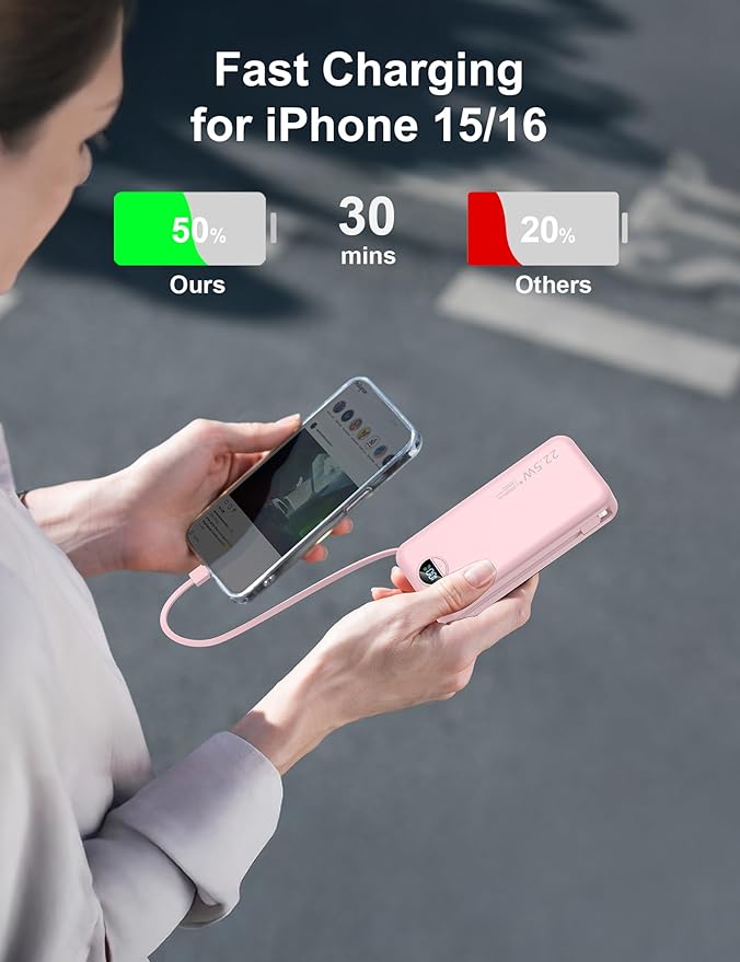 20000mAh Ultra-Portable-Charger-Power-Bank with Built in Cables&AC Wall Plug,PD20W USB-C Fast Charging Cell Phone Charger Battery Pack,LED Display Travel Battery Bank for All iPhone,Samsung,Android