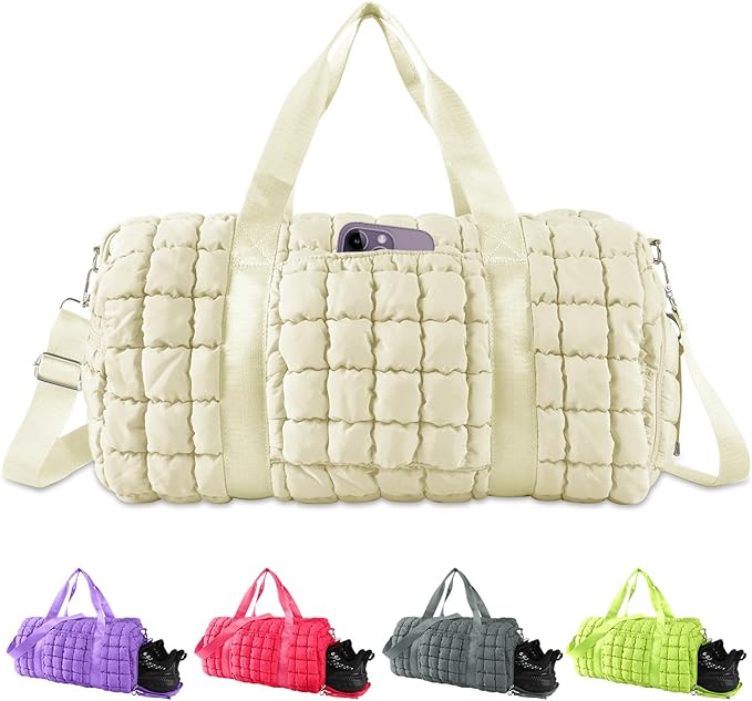 Quilted Travel Duffle Bag Gym Bag for Women,Large Puffer Duffle Weekender Bag with Compartment,Workout Overnight Carry on Organizer Bag Duffle Bag for Airplane Travel(Off-white)