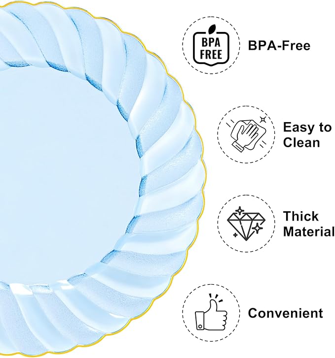 YOUBET 125PCS Clear Blue Gold Plastic Plates